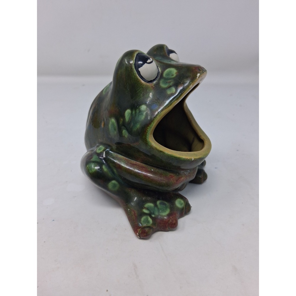 Vintage 1977 Handmade Ceramic Frog Sponge Holder Green Glazed Open Mouth MLB